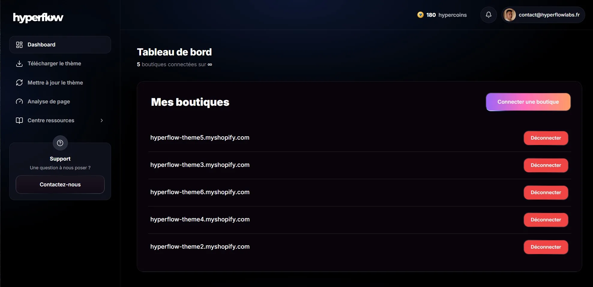 Aperçu du dashboard Hyperflow : gestion des boutiques connectées et mises à jour