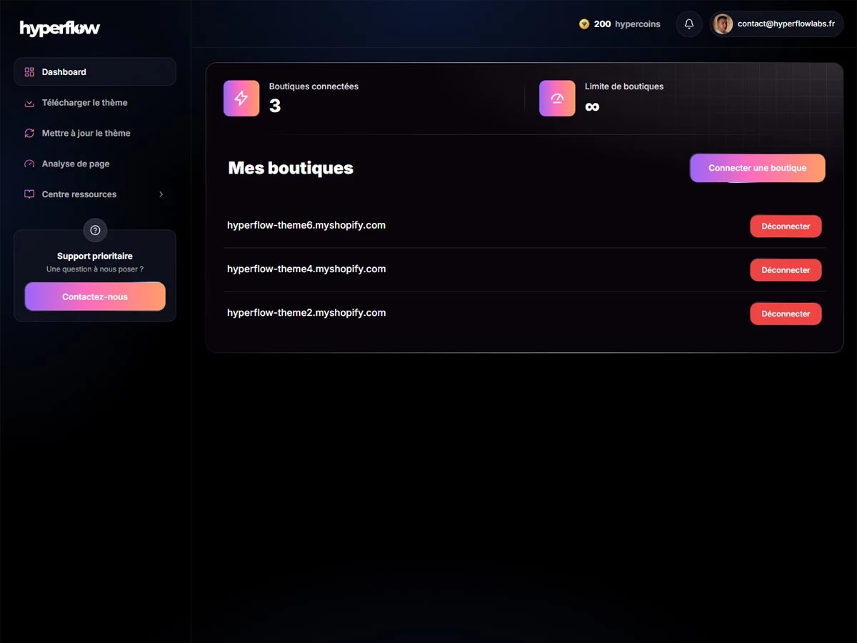 Aperçu du dashboard Hyperflow : gestion des boutiques connectées et mises à jour