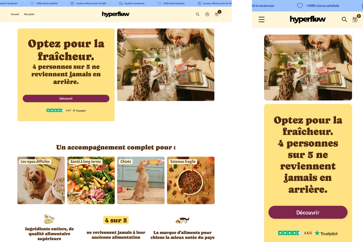 Aperçu de la démo Hyperflow Animaux : page d'accueil avec bannière hero et mise en avant des bienfaits produit.