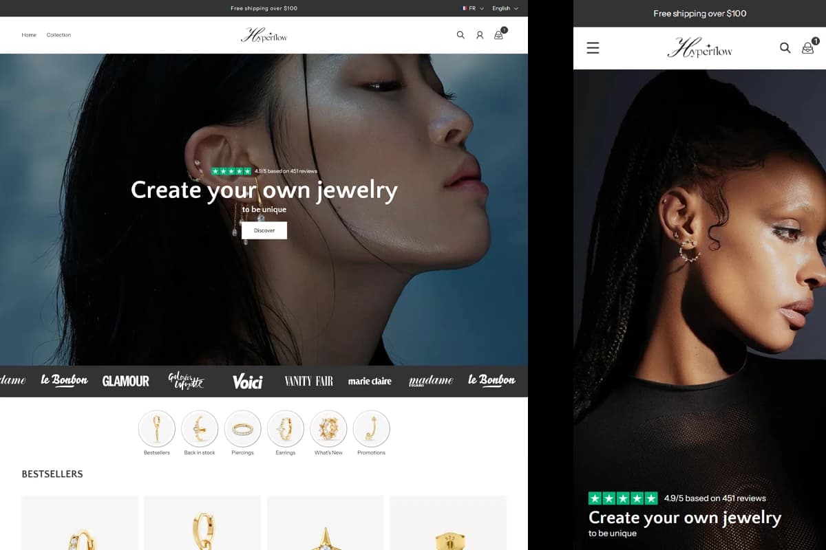 Preview of the Hyperflow Jewelry demo: homepage with an immersive high-end photo gallery.