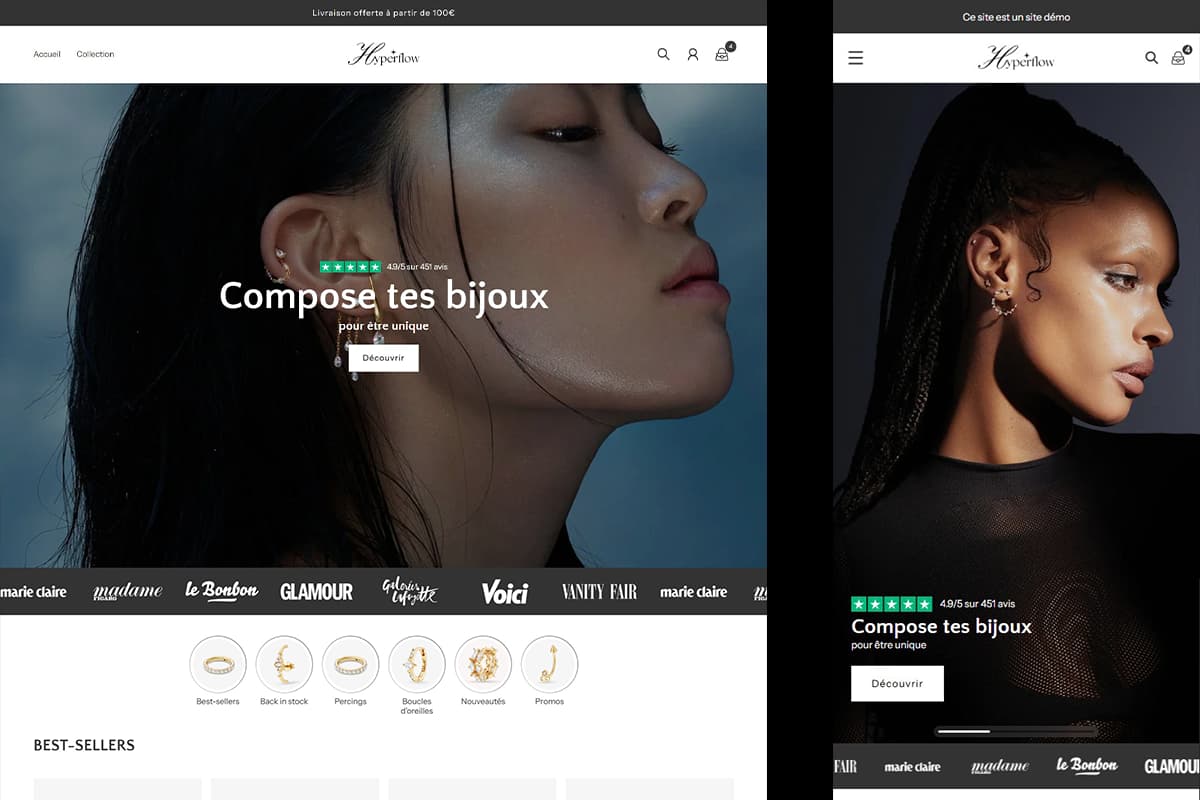 Aperçu de la démo Hyperflow Bijoux : page d'accueil avec galerie photo immersive haut de gamme.