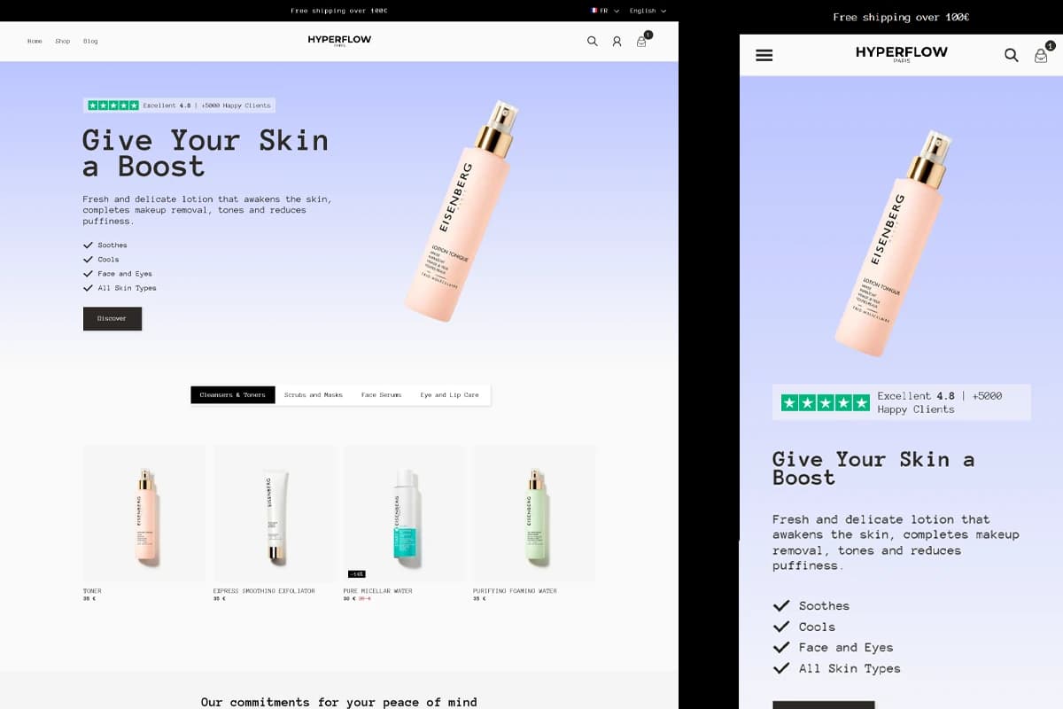 Preview of the Hyperflow Skincare demo: homepage with minimal design and product benefits front and center.