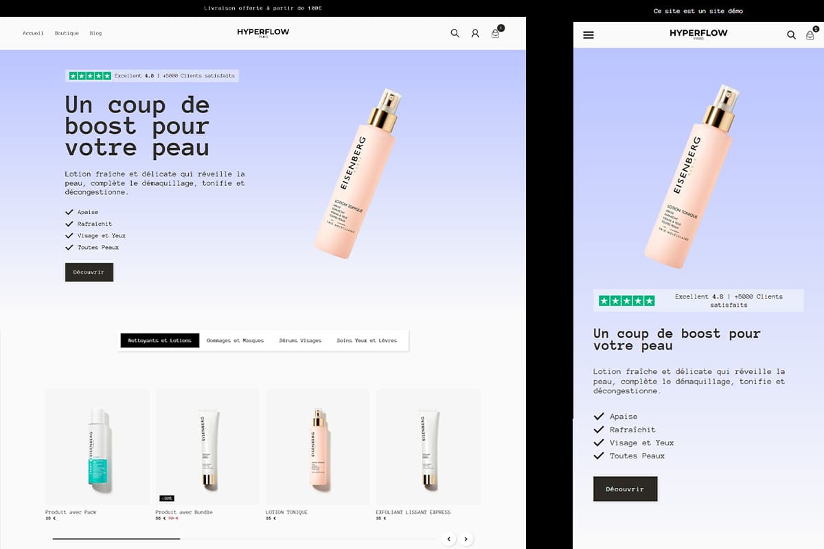 Aperçu de la démo Hyperflow Skincare : page d'accueil avec design minimaliste et mise en avant des bénéfices produit.
