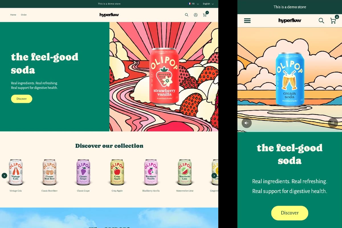 Preview of the Hyperflow Soda demo: colorful homepage with hero banner and flavor collection.