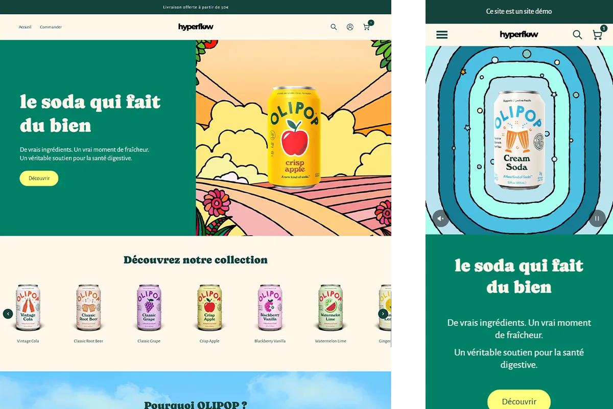 Aperçu de la démo Hyperflow Soda : page d'accueil colorée avec bannière hero et collection de saveurs.