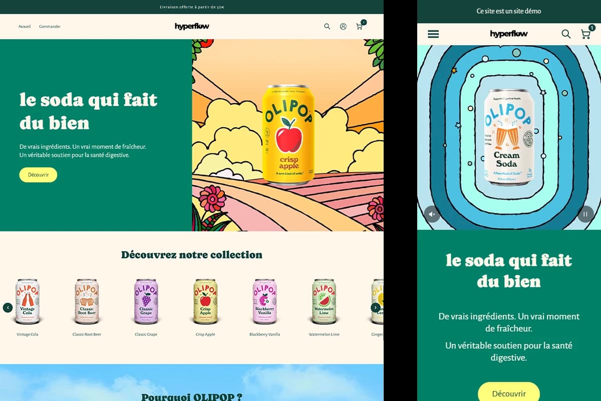Aperçu de la démo Hyperflow Soda : page d'accueil colorée avec bannière hero et collection de saveurs.