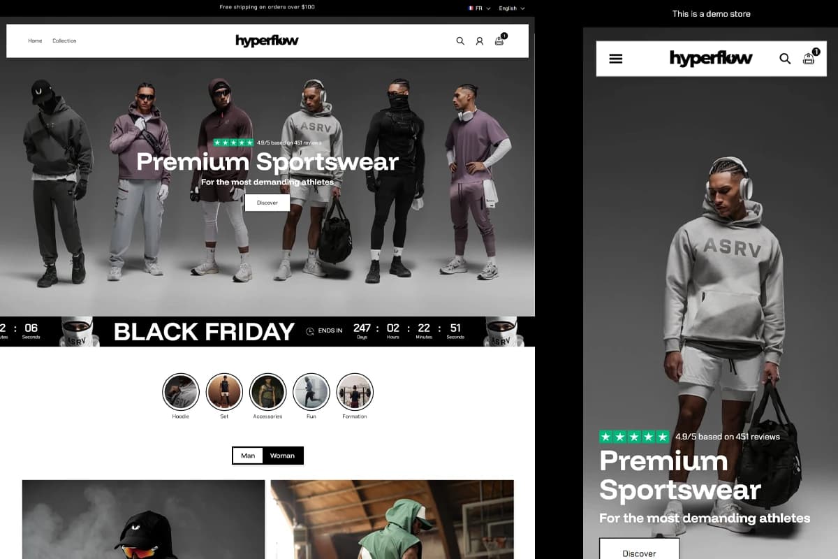 Preview of the Hyperflow Sportswear demo: homepage with hero banner and featured products.