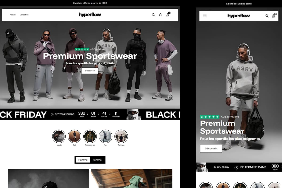 Aperçu de la démo Hyperflow Sportswear : page d'accueil avec bannière hero et mise en avant produits.