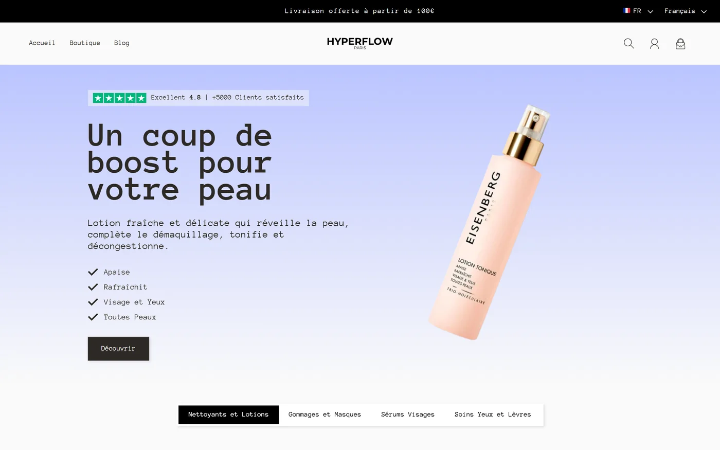 La page d’accueil de la démo Skincare, sur ordinateur : « Un coup de boost pour votre peau ».